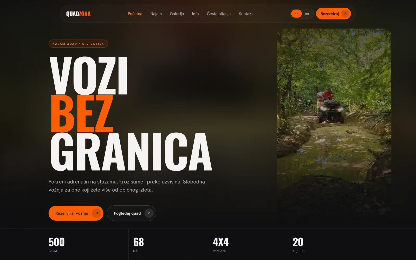 Naslovnica QuadZone: naslov „Vozi bez granica”, fotografija quada na šumskoj stazi i traka s podacima o vozilu.